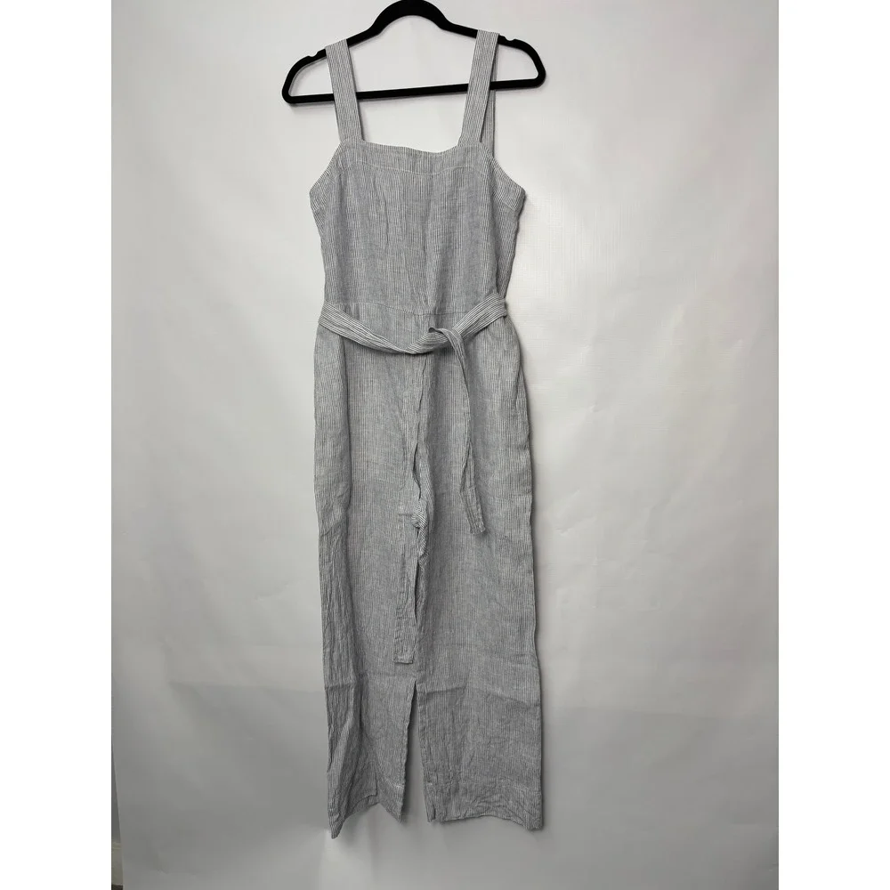 Quince European Linen Square Neck Jumpsuit Blue Pinstripe Small CB001 Minimalist
